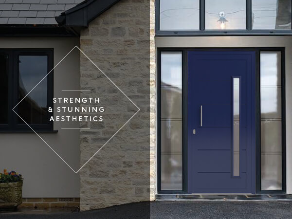 A blue fuzion door with glass side panels