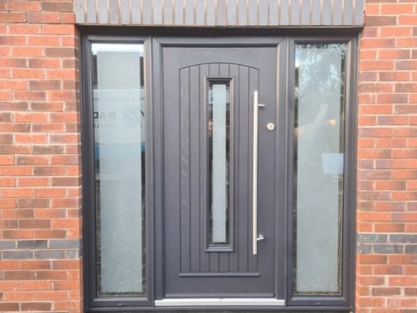 Palladio grey front door with sidelights and long handle